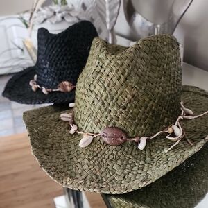 Panama Jack Green and Black Straw Cowboy Hats with Shell Accents
